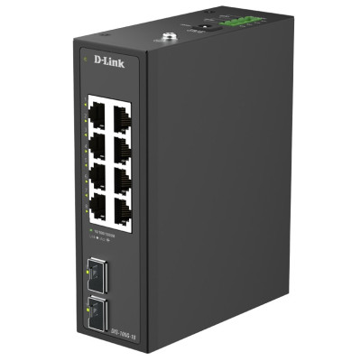 D-Link DIS-100G-10 10-Port Unmanaged Industrial Ethernet Switch, 2 SFP slots, Plug-and-play, Fanless, DIN-rail mount